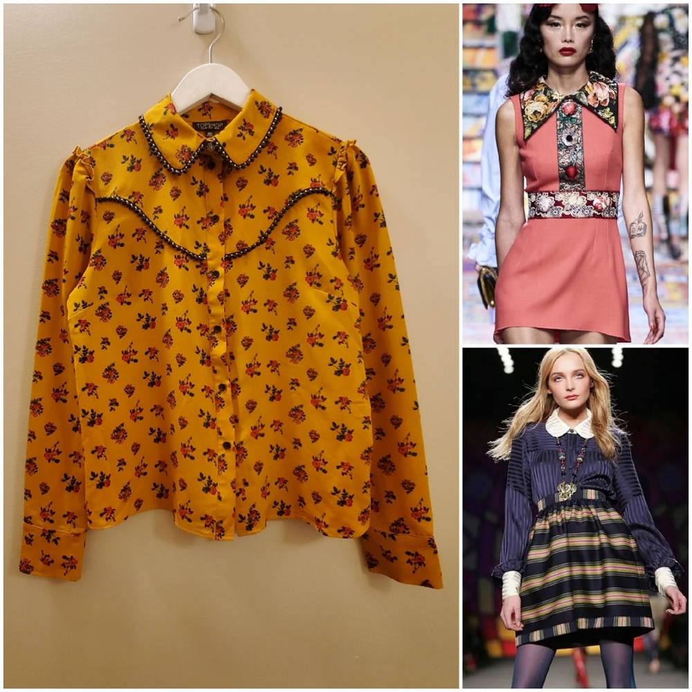 Topshop Tuscany yellow color button down shirt with embellished collar. US 4